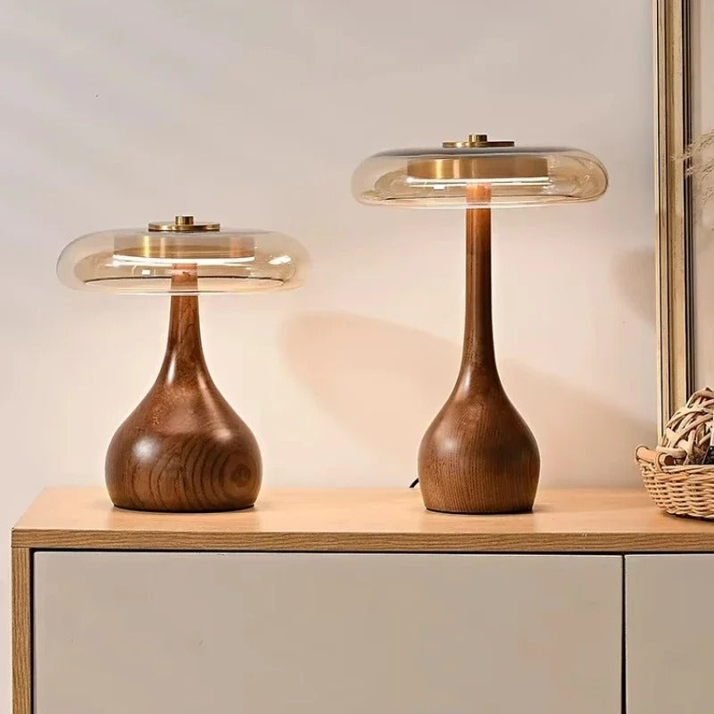 Andi Glas-Tischlampe mit Messing & Holz