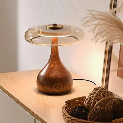 Andi Glas-Tischlampe mit Messing & Holz