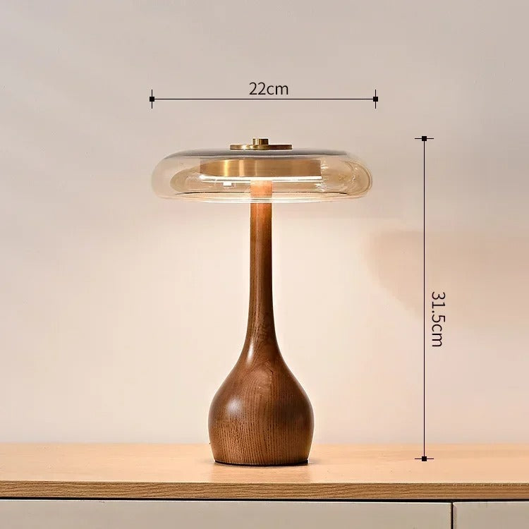 Andi Glas-Tischlampe mit Messing & Holz